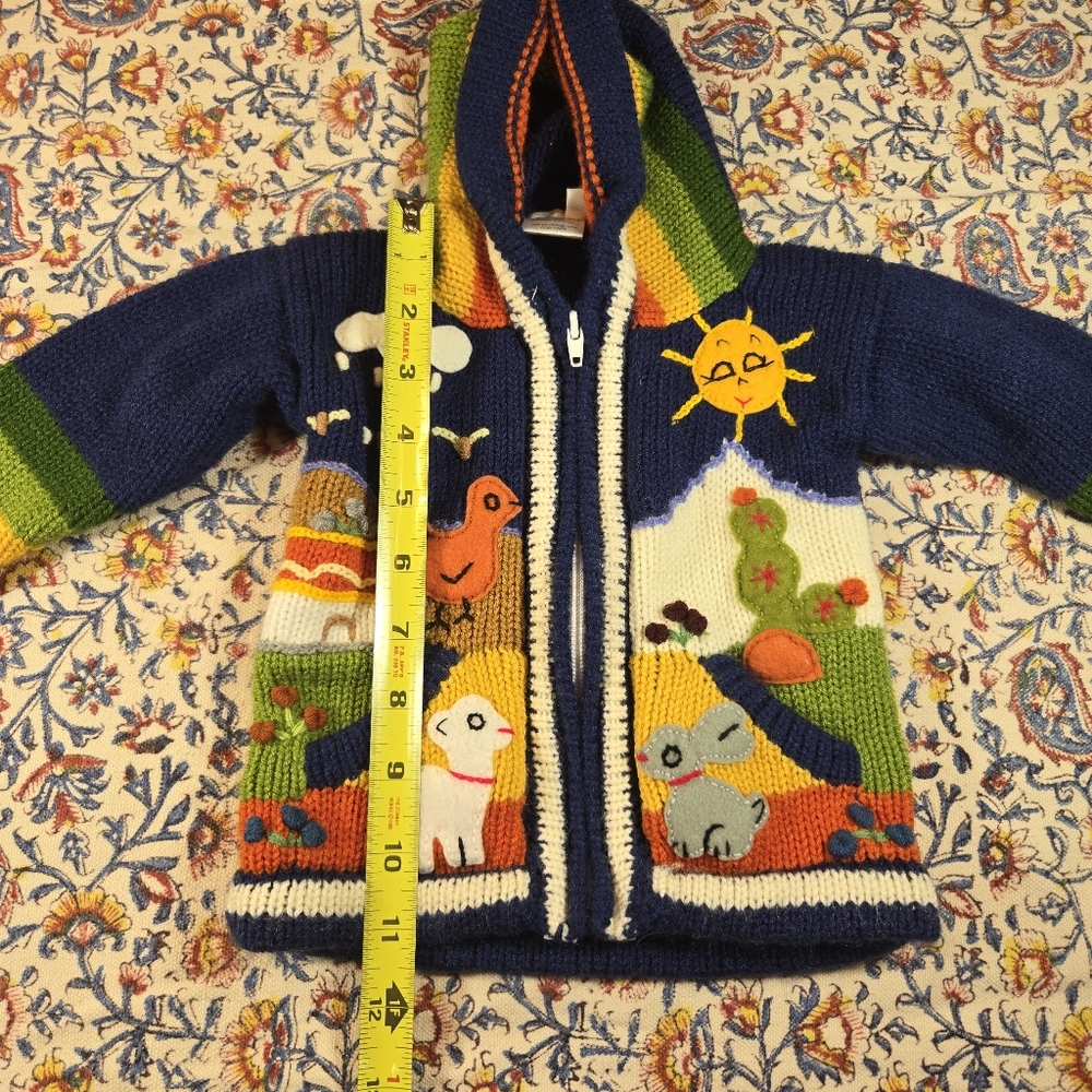 Kid’s Rainbow Peruvian Wool Sweater Zipper Cardigan Embroidered Hooded Sz 0 - Picture 9 of 10